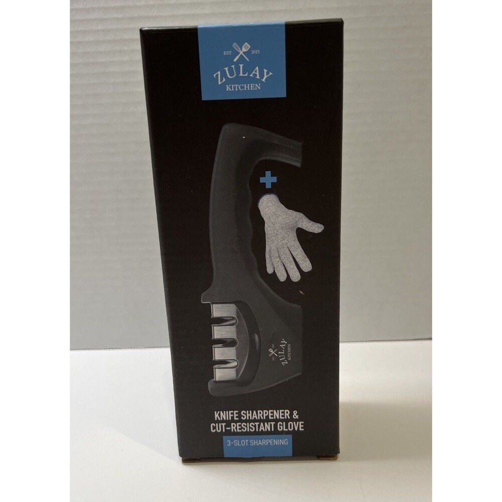 Zulay Kitchen 3-Stage Knife Sharpener and Cut-Resistant Glove In Box Ergonomic